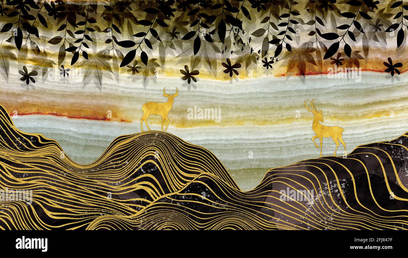 papier peint 3d art mural . lignes ondulées dorées et cerf doré . branches de feuilles et arrière-plan en marbre Banque D'Images