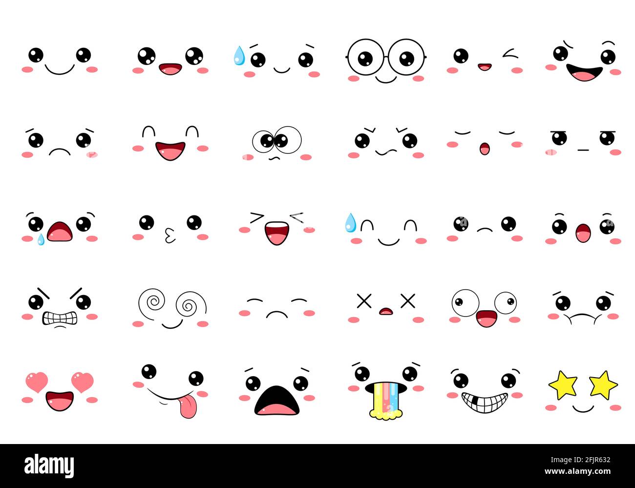 Collection d'émoticônes kawaii avec différentes humeur. Ensemble de visages émoji mignon de dessin animé dans différentes expressions - heureux, triste, pleurer, peur, fou. Sur blanc Illustration de Vecteur