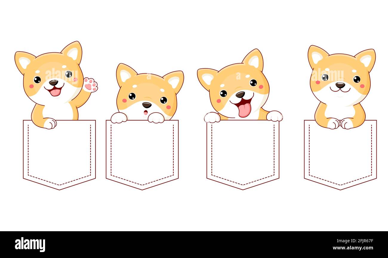 Ensemble de poche mignon personnages de dessin animé. Bébé collection de kawaii chiens drôles, heureux, surpris dans les poches. Imprimé puppy avec kawaii shiba inu pour Illustration de Vecteur