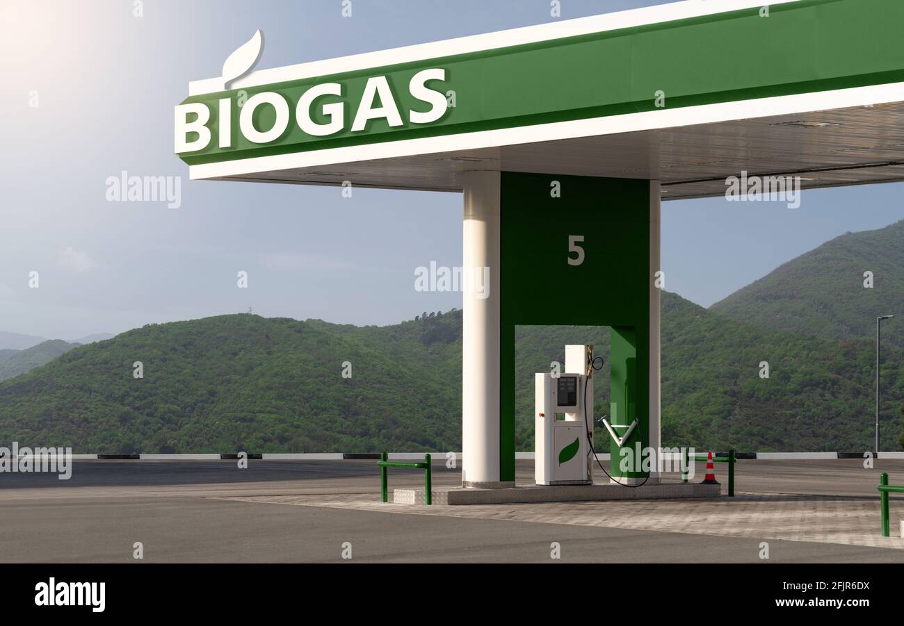 Station de remplissage de biogaz. Concept de transport neutre en carbone Banque D'Images