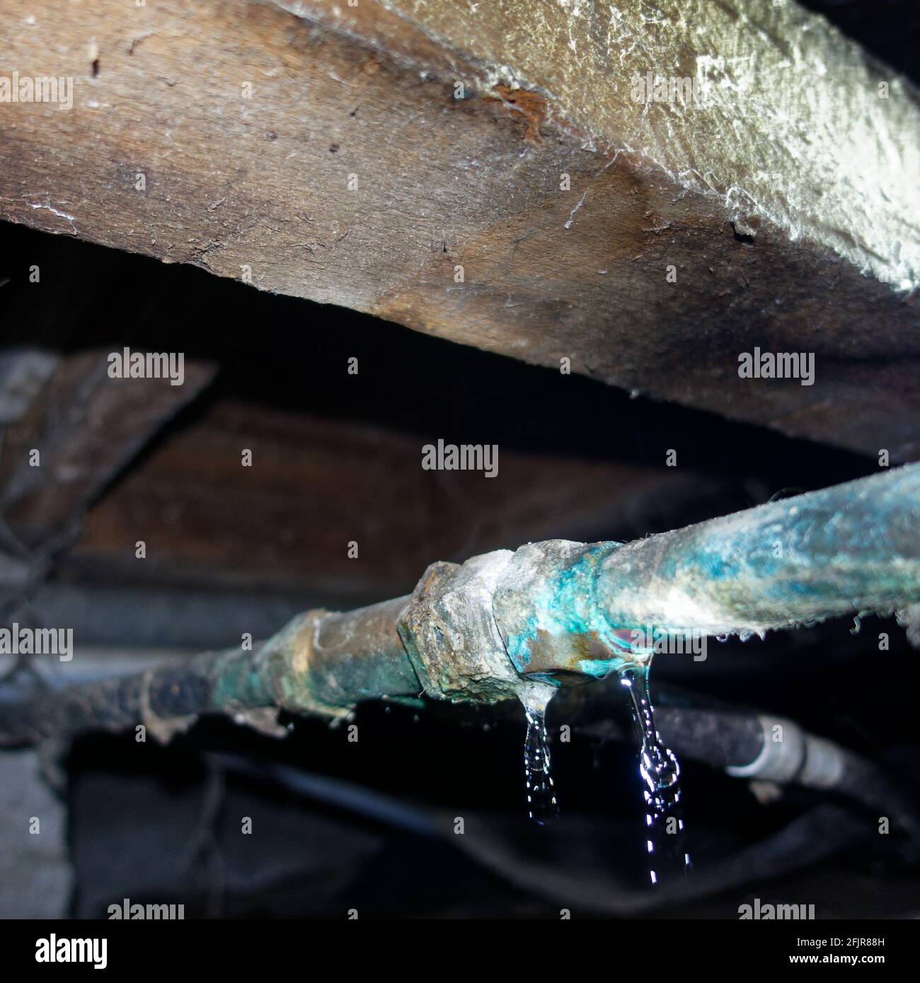 Fuite d'eau dans le tuyau d'eau en cuivre corrodé dans la plomberie sous un  bungalow traditionnel de villa en Nouvelle-Zélande Photo Stock - Alamy