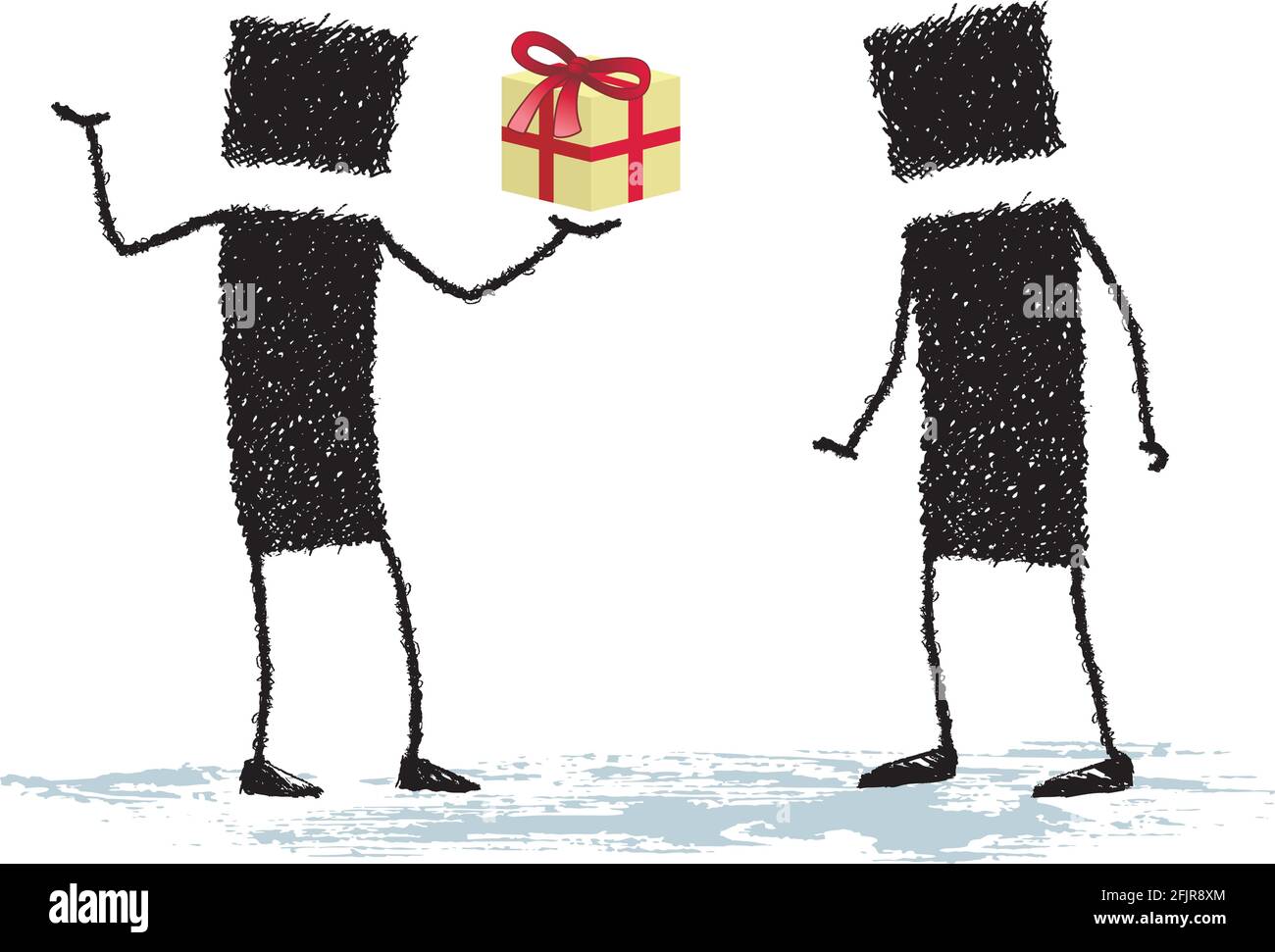 Deux figures du bâton parlent de. L'un donne un cadeau à l'autre. Illustration de Vecteur