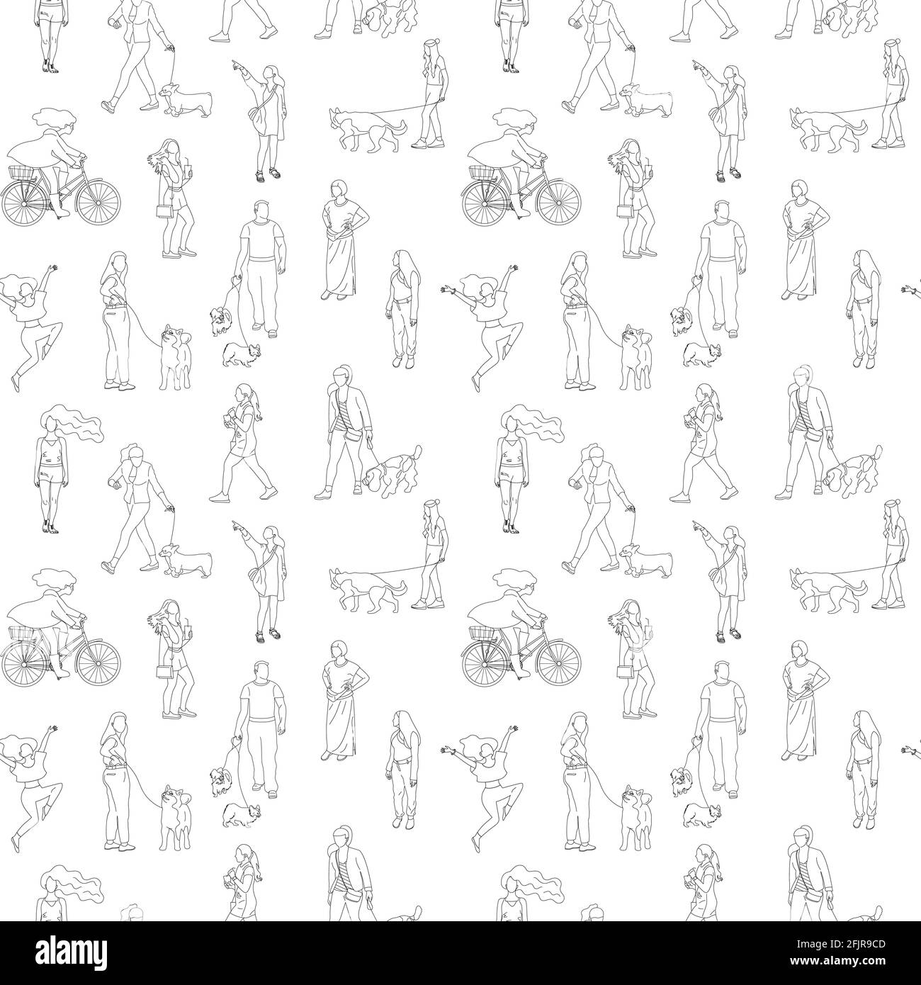 Motif monochrome noir et blanc sans couture avec de nombreuses personnes debout et marchant dans des vêtements d'été. Dessin au trait Illustration de Vecteur