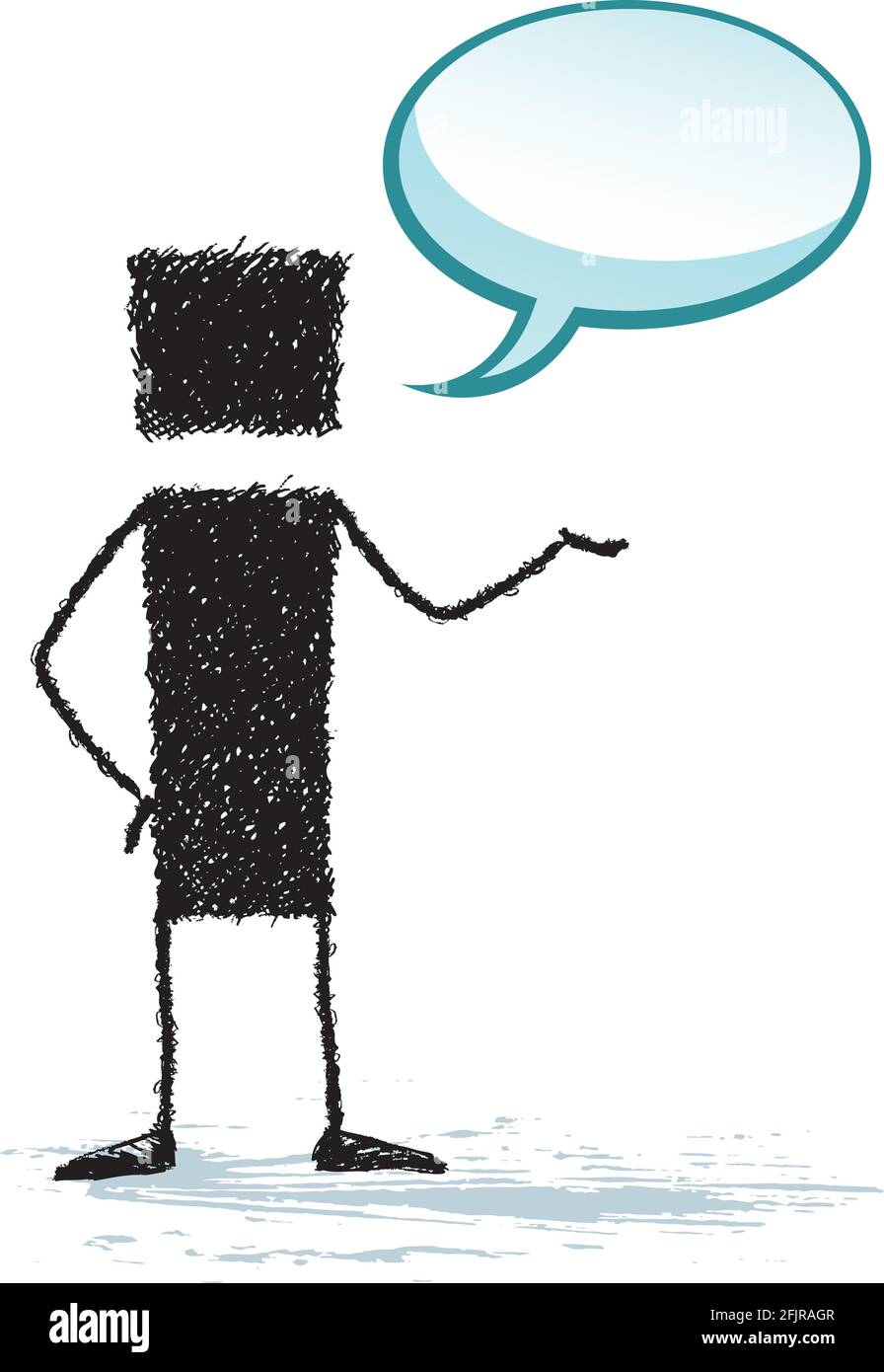 Une métaphore pour la communication : une figure en bâton se tenant à côté d'une boîte de dialogue à bulles vide. Illustration de Vecteur