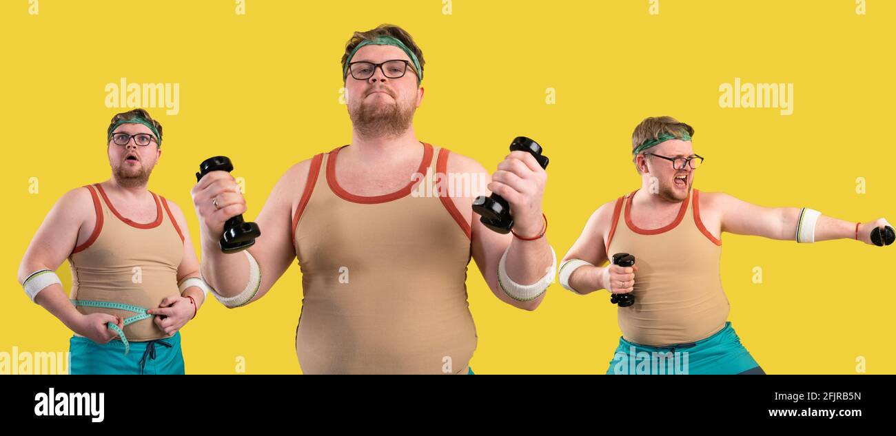 affiche de promotion de la salle de sport. un homme en surpoids faisant du sport sur fond jaune. Drôle de gras homme Banque D'Images