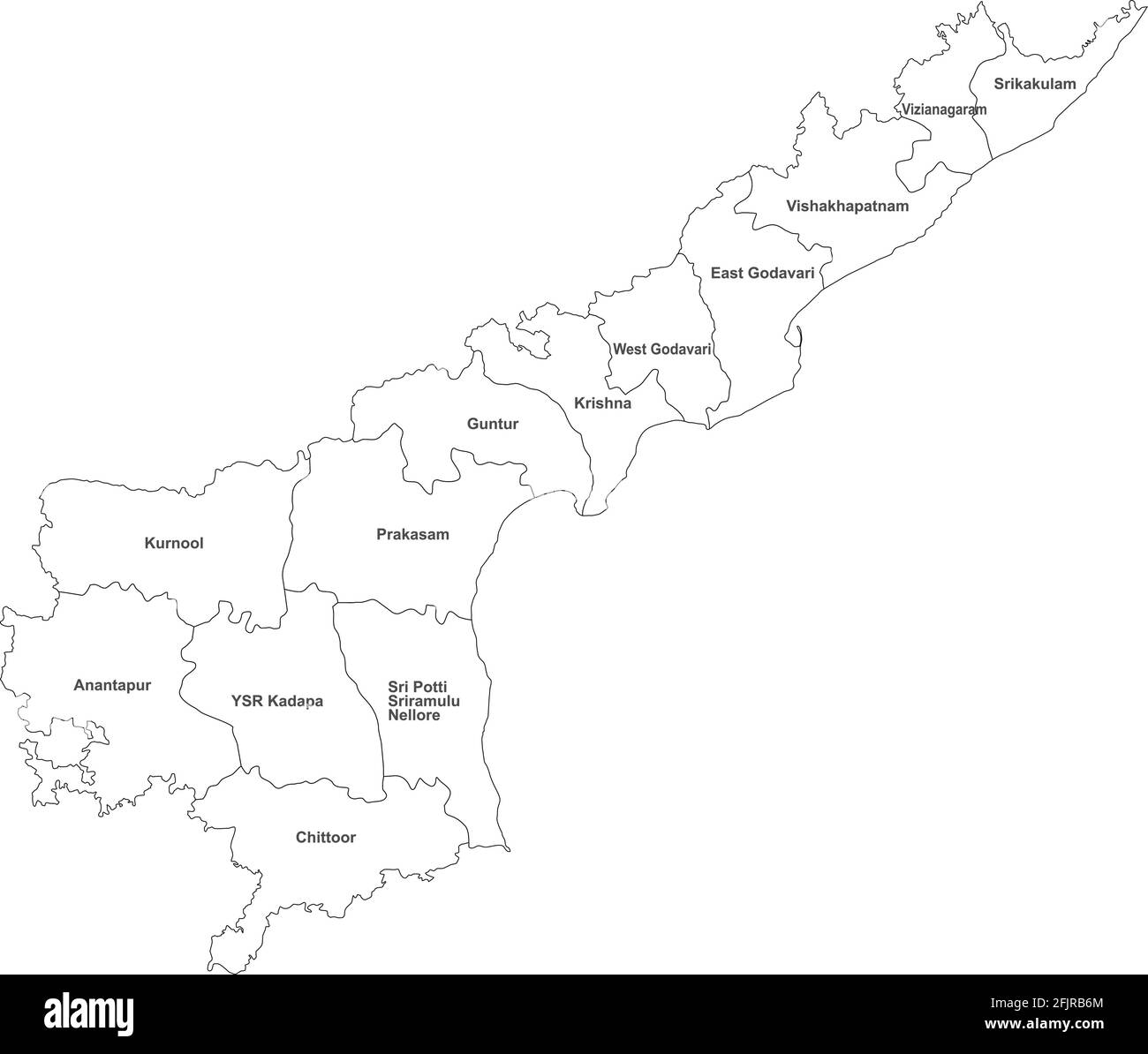 Carte des districts de l'Andhra Pradesh avec des noms. État indien. Arrière-plan blanc. Illustration de Vecteur