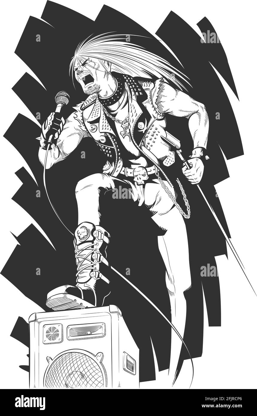 Croquis de Rocker chantant sur l'illustration en noir et blanc concert dessin à la main Illustration de Vecteur