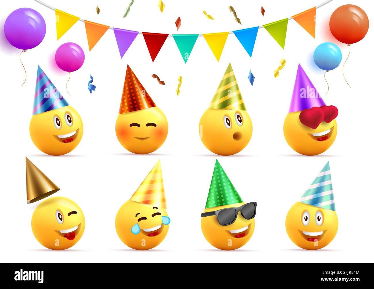 Les éléments graphiques d'anniversaire définissent des visages souriants jaunes dans des chapeaux coniques avec des expressions heureuses et des ballons ronds et des drapeaux de fête avec des confettis, isolat Illustration de Vecteur