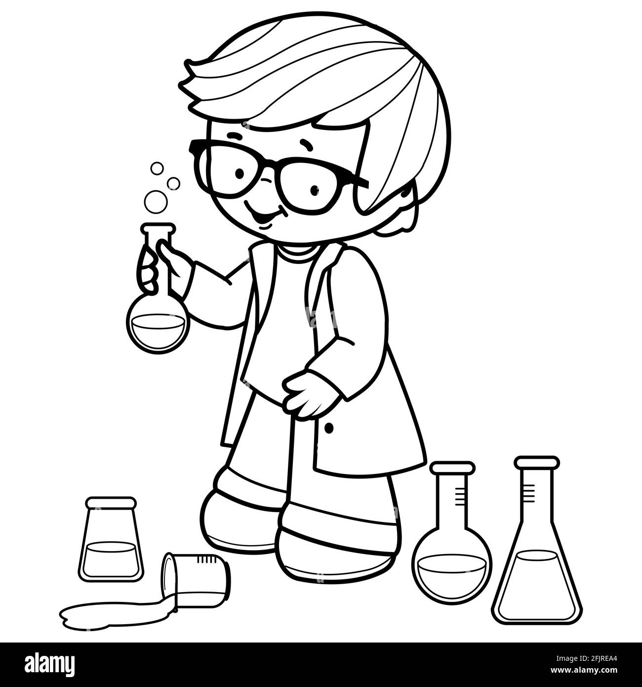 Garçon utilisant des tubes de test de chimie pour des expériences scientifiques. Illustration en noir et blanc Banque D'Images