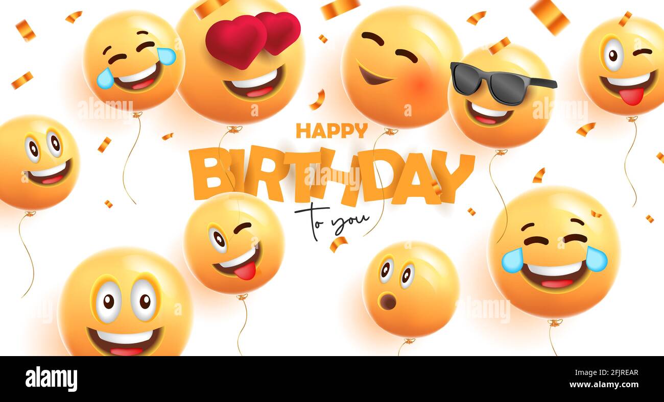 Banderole d'anniversaire avec ballons ronds en 3d festifs, expressions du visage et confetti, ballons ronds jaune vif Illustration de Vecteur