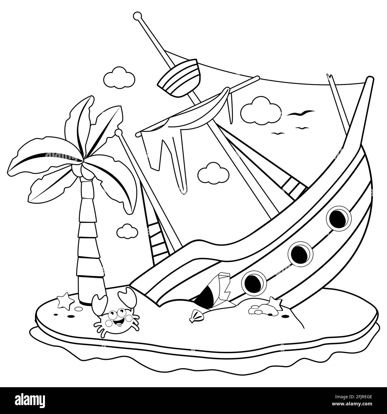 Naufrage sur une île. Page de couleur noir et blanc. Banque D'Images