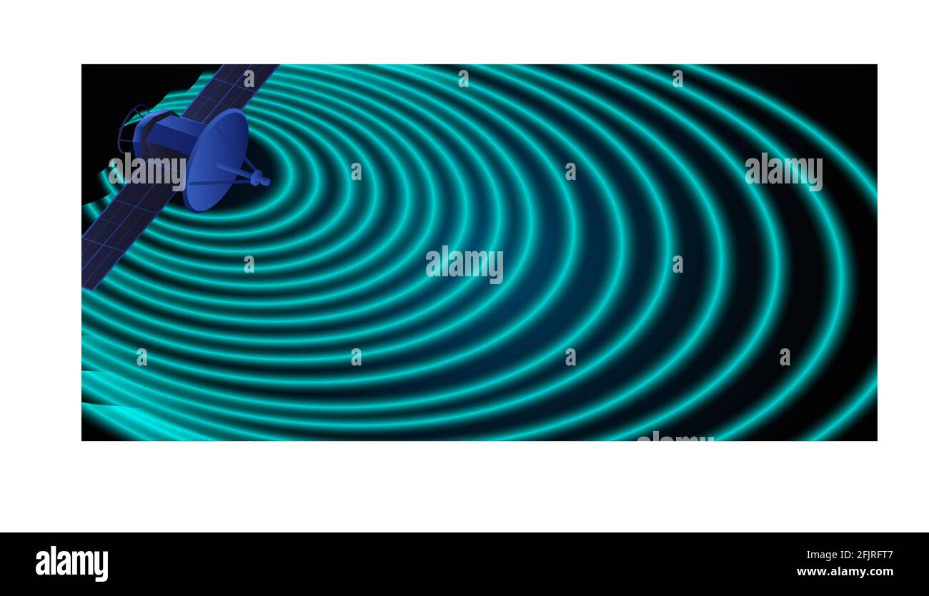 Arrière-plan avec satellite sur le coin et signal d'ondes rondes s'étalant de lui formant une texture bleutée Illustration de Vecteur
