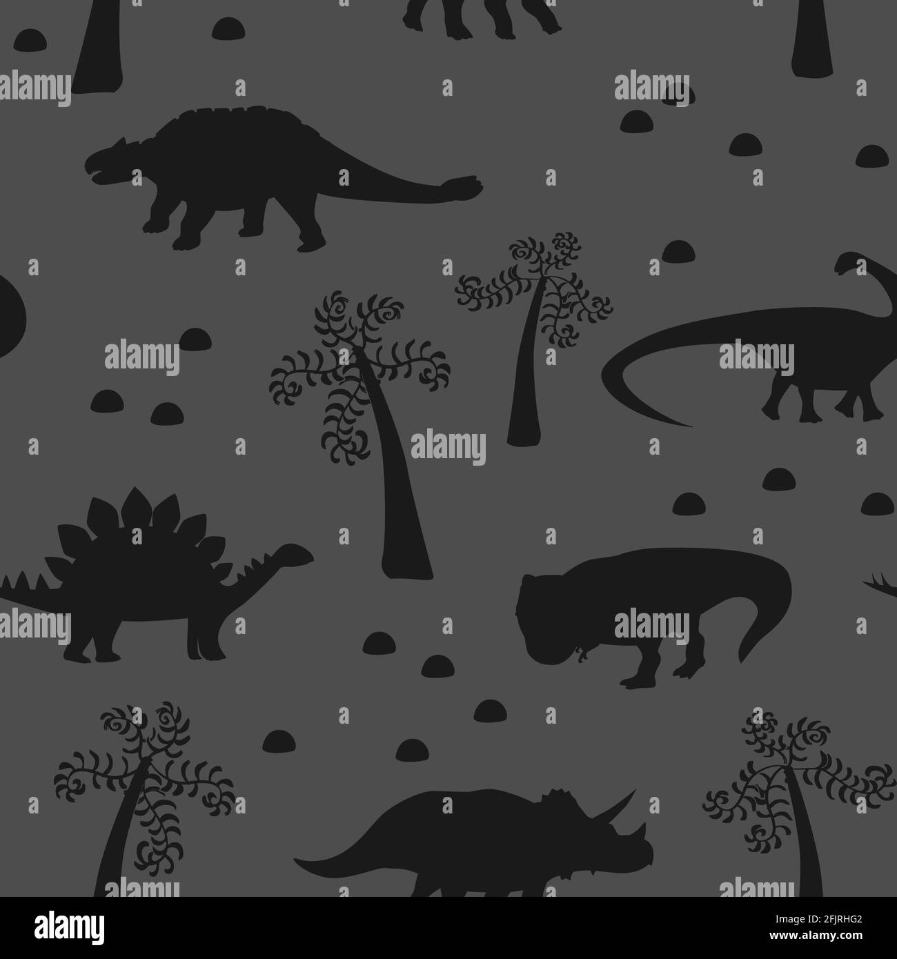 Motif vectoriel sans couture représentant une silhouette de dinosaure noir et des paumes isolées sur fond gris Illustration de Vecteur