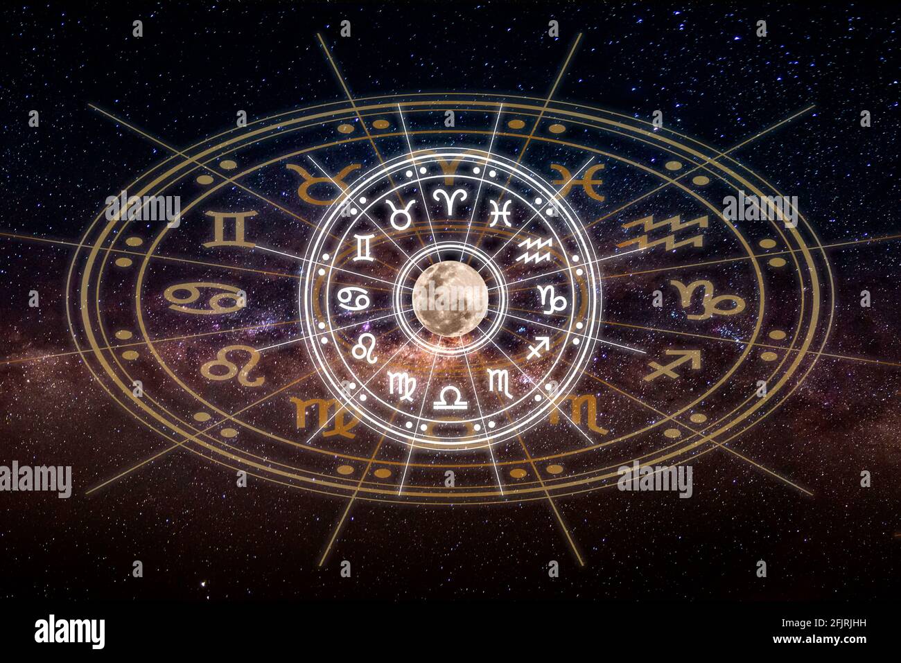 Signes astrologiques du zodiaque à l'intérieur du cercle de l'horoscope. Astrologie, connaissance des étoiles dans le ciel sur la voie laiteuse et la lune. La puissance de l'univers Banque D'Images