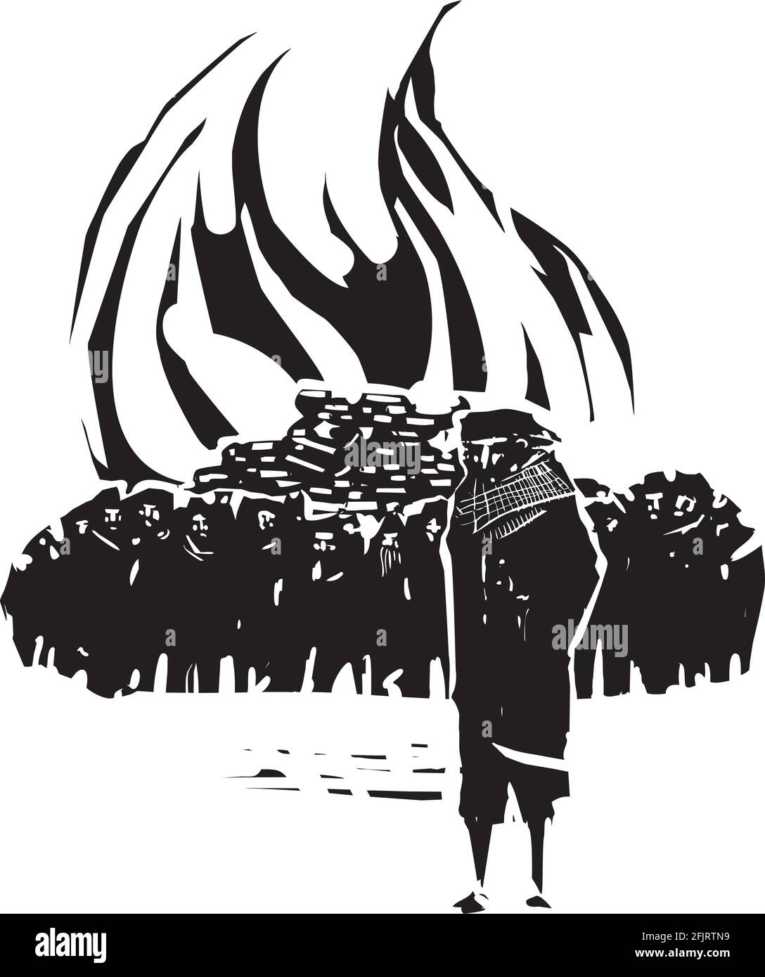 Image de style expressionniste de coupe de bois d'un homme qui mène une foule de personnes qui brûlent des livres Illustration de Vecteur