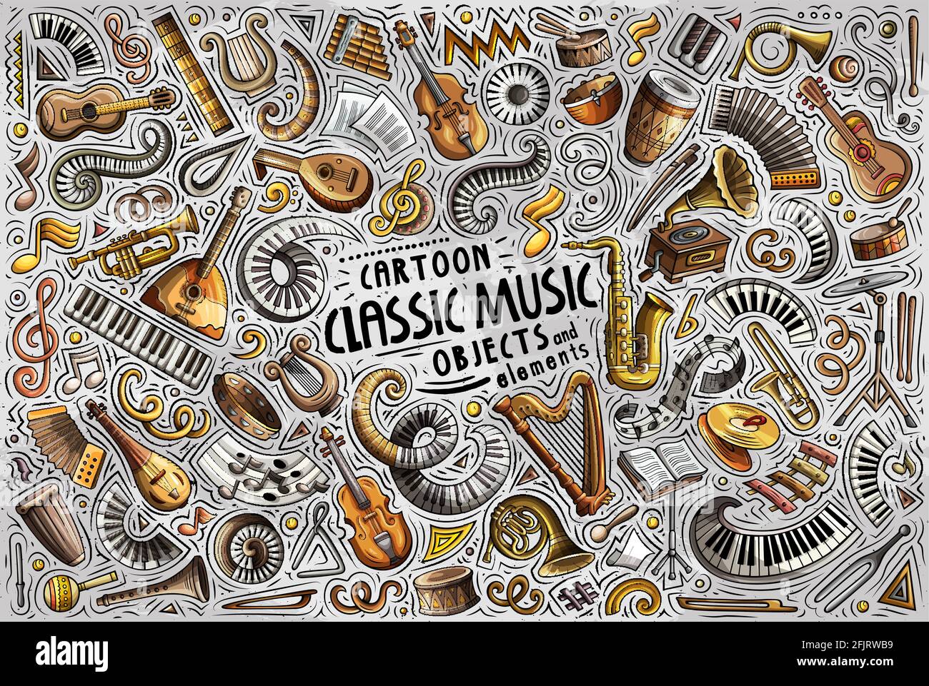 Ensemble de dessins animés à la main et vectoriels colorés comprenant des objets, des symboles et des éléments de thème de musique classique Illustration de Vecteur