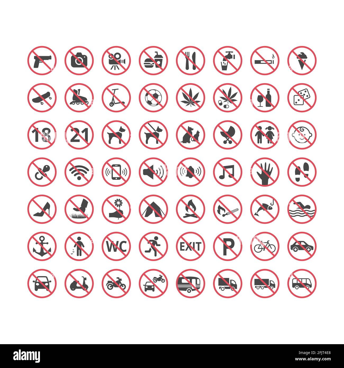 Ensemble de panneaux d'interdiction rouges. Panneaux interdits sans nourriture, sans appareil photo, pas de parking et etc. Illustration de Vecteur