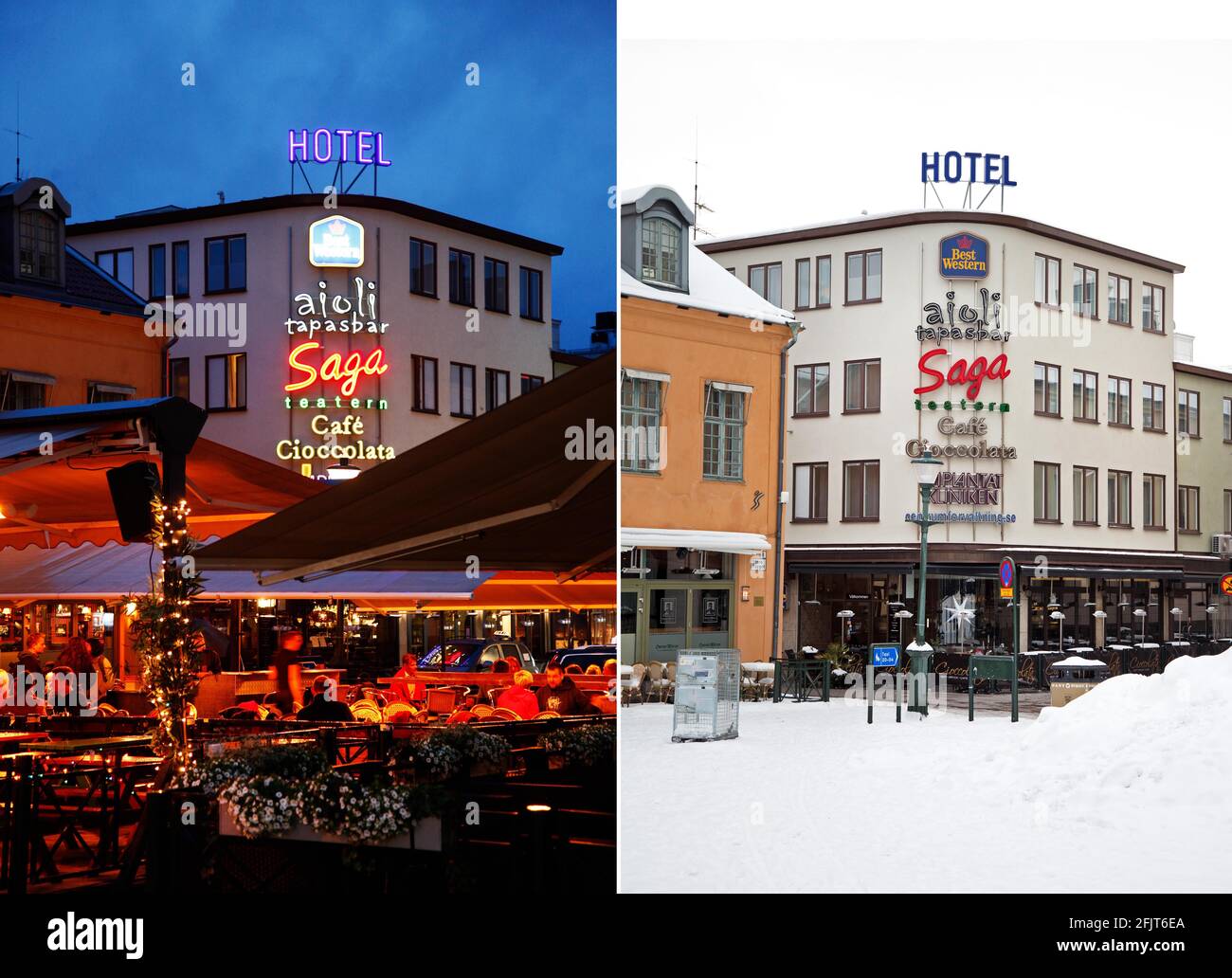 Image combinée au même endroit dans Linköping à différentes saisons. Été et hiver dans deux images différentes de Stora Torget à Linköping, Suède. Banque D'Images