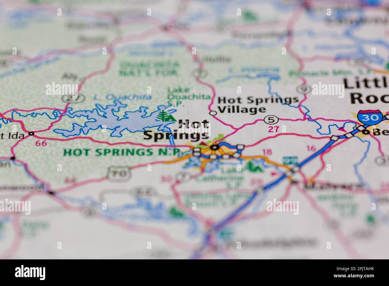 Parc national de Hot Springs dans l'Arkansas États-Unis et les environs Affiché sur une carte routière ou une carte géographique Banque D'Images