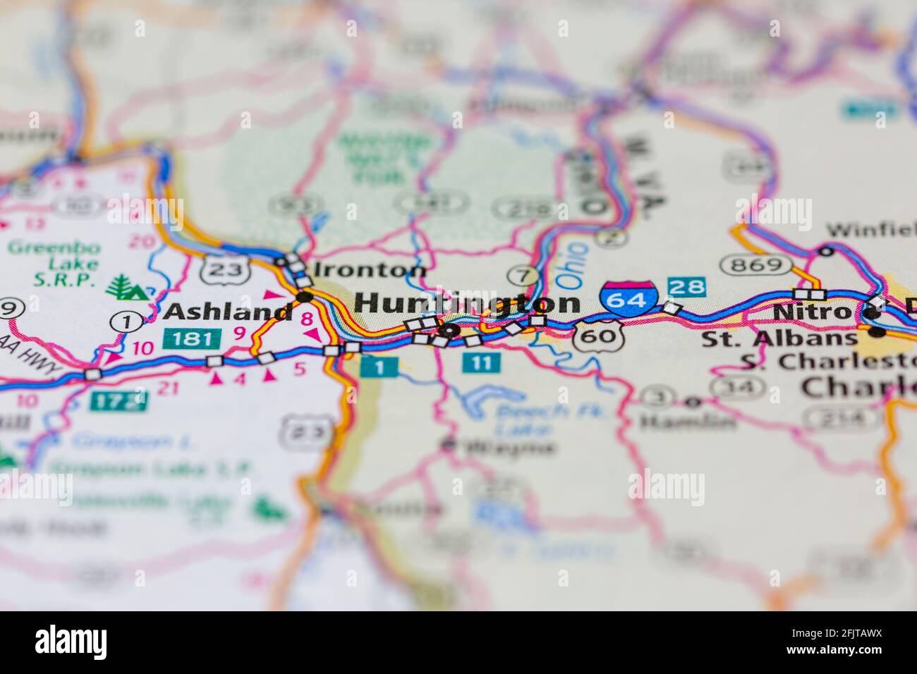 Huntington West Virginia USA et ses environs sont illustrés sur un Carte routière ou carte géographique Banque D'Images