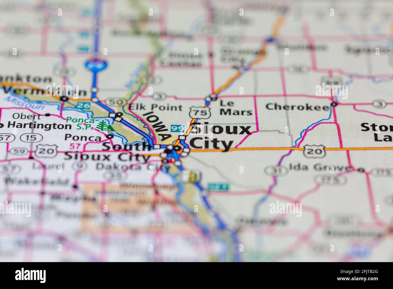 Sioux City iowa USA et ses environs illustrés sur un Carte routière ou carte géographique Banque D'Images