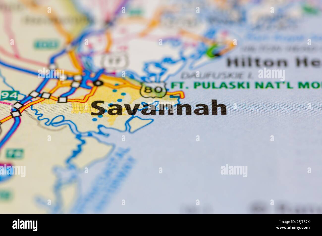 Savannah Georgia USA et ses environs sont représentés sur une route Carte ou carte géographique Banque D'Images