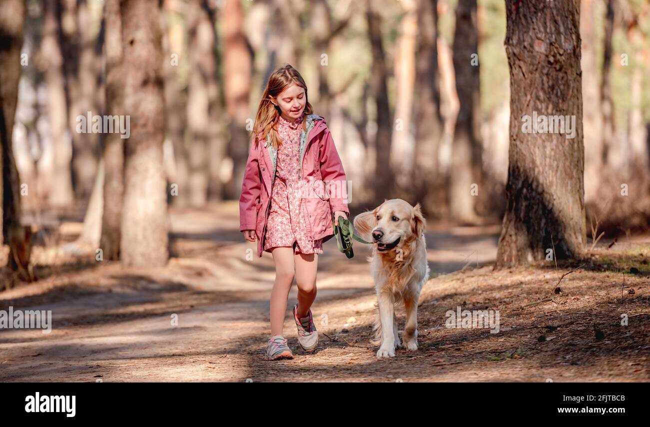 Petite fille avec chien de retriever doré dans le bois Banque D'Images