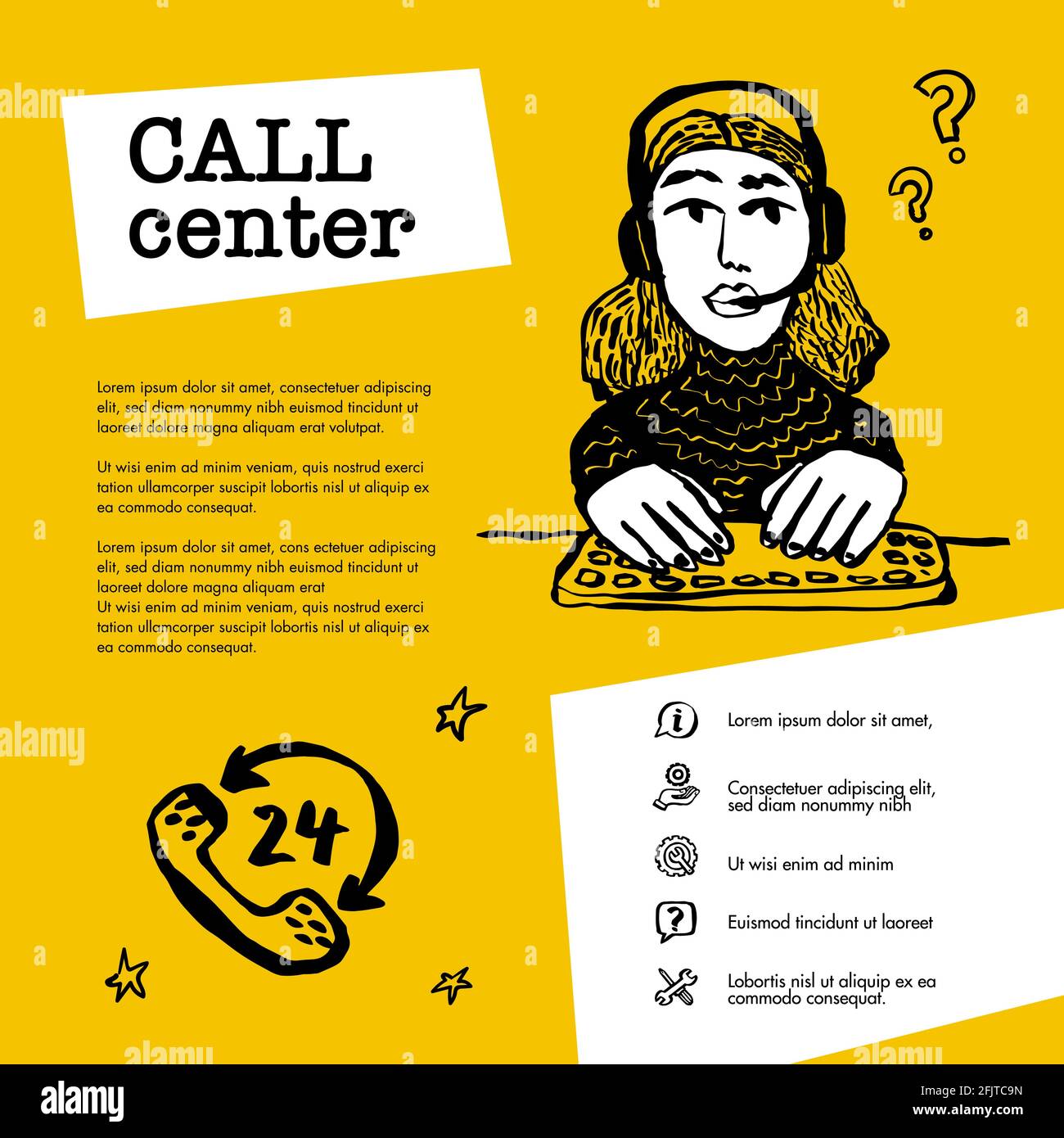 Concept de centre d'appels. Chat du service client. Bannière Web à caractère féminin avec casque sur fond jaune. Illustration vectorielle de style d'encre Doodle Illustration de Vecteur