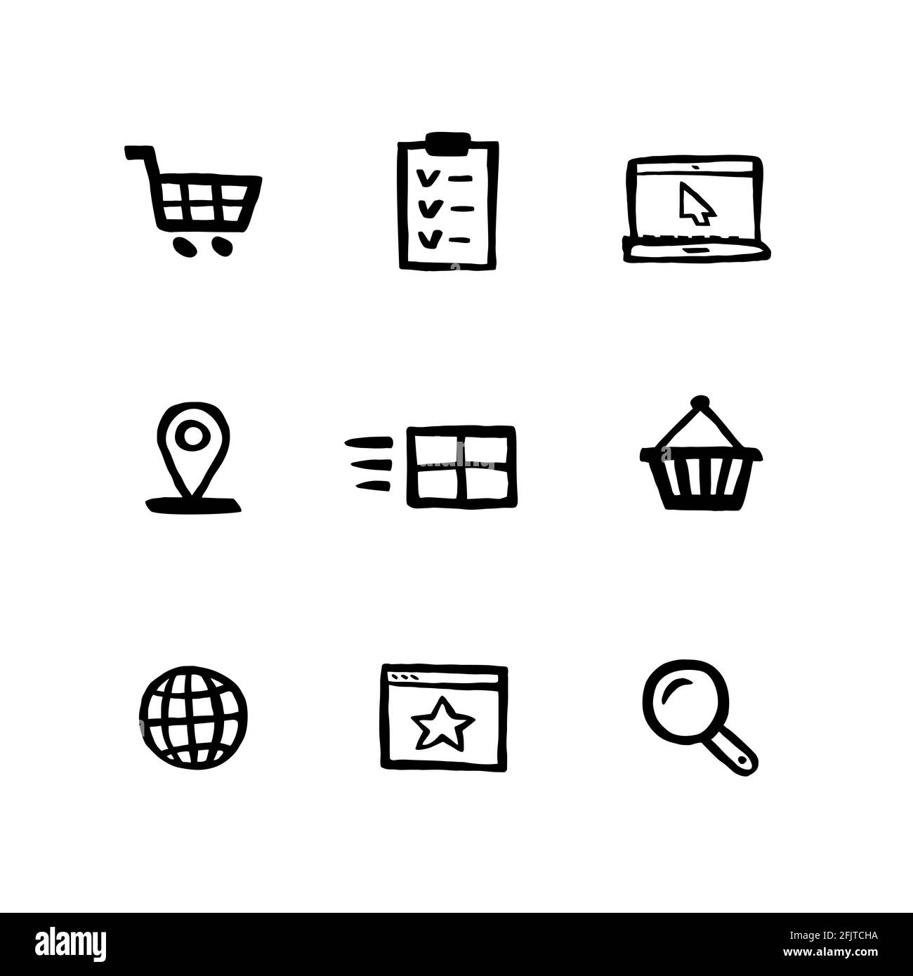 Ensemble d'icônes de shopping de style naïf. E-commerce, achats en ligne et livraison Doodle style encre ensemble d'icônes. Icônes de lignes de style naïf dessinées à la main par vecteur Illustration de Vecteur