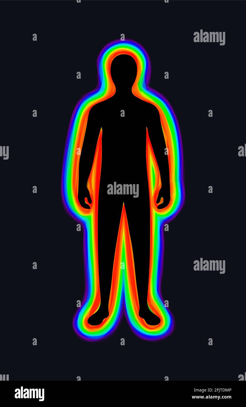 L'aura du corps. La couleur arc-en-ciel marque les couches du corps masculin. L'éthérique, émotif, métallique, astral, céleste, Et causal. Ilustreti Banque D'Images
