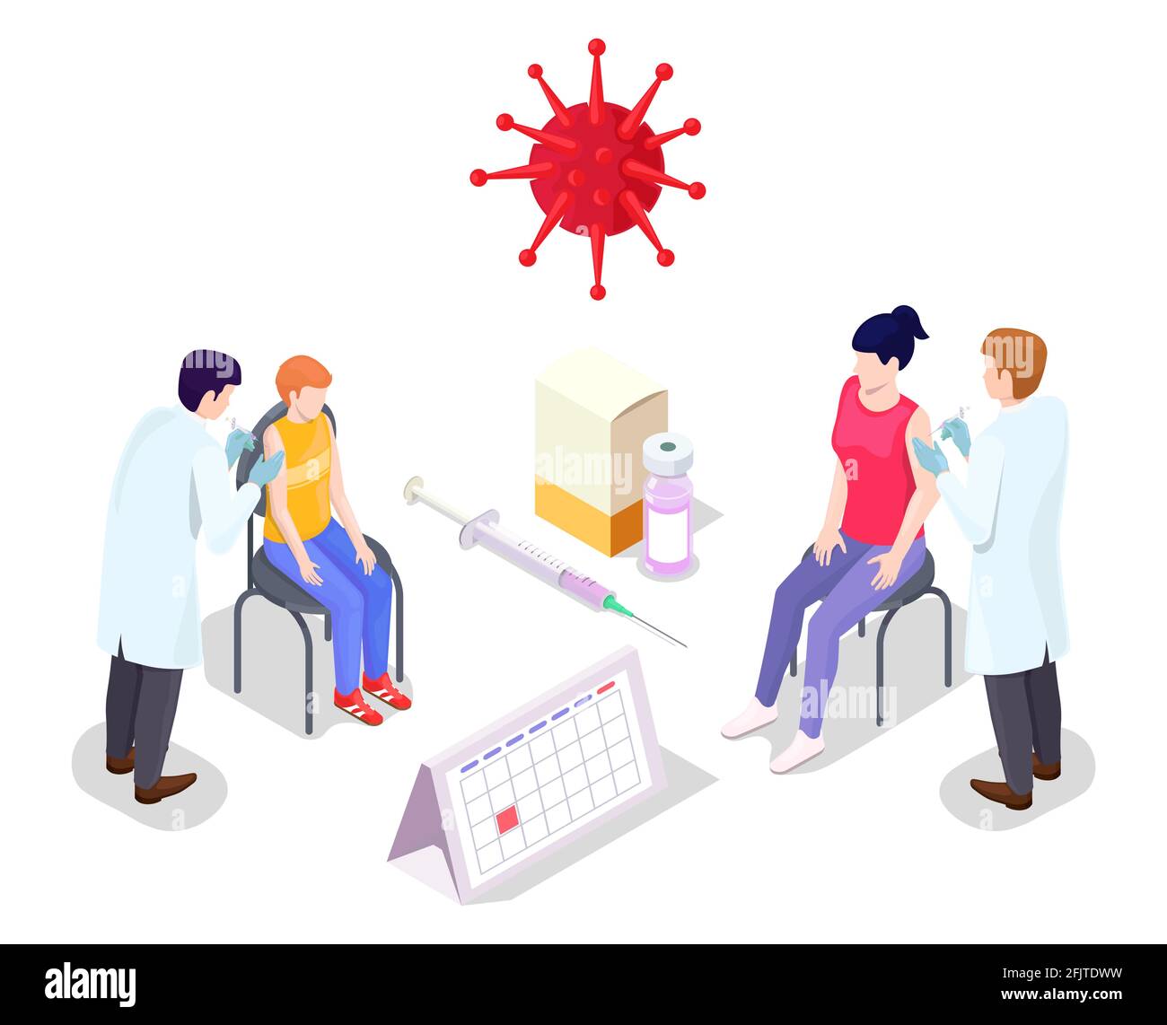 Concept de vaccination contre le coronavirus Covid illustration vectorielle style isométrique. Vaccin Covid-19. Le médecin fait une injection de vaccin contre la grippe à la femme dans Illustration de Vecteur