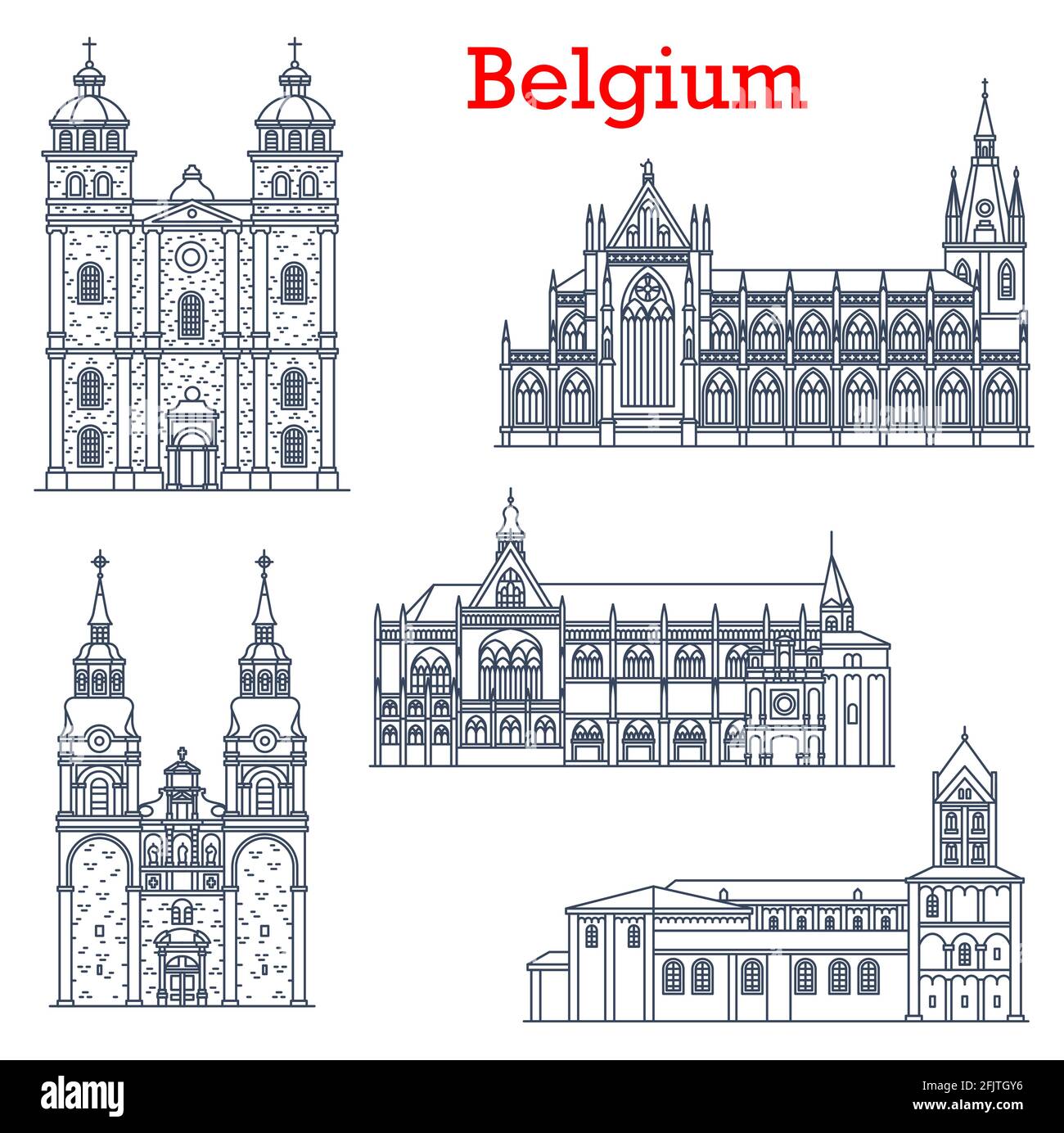 Monuments belges, cathédrale églises architecture de Liège et Eupen, bâtiments vectoriels. Église Saint-Nicolas ou Nikolaus Pfarrkirche, Collégiale Illustration de Vecteur