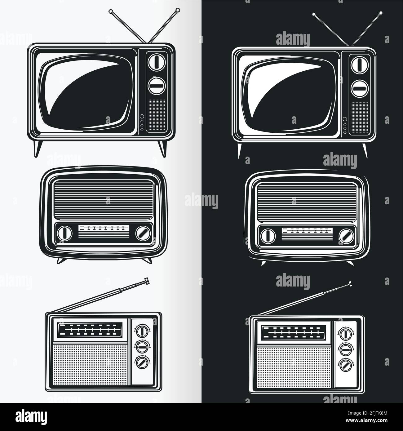 Silhouette Retro radio Antique Television Stencil Vector Drawing Illustration de Vecteur