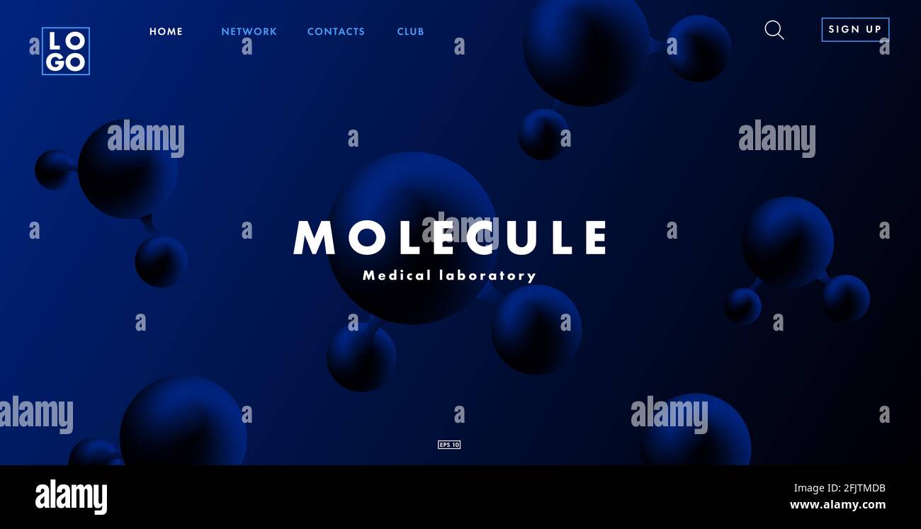 Page d'accueil du site Web avec un arrière-plan scientifique abstrait de molécules rondes 3d de couleur bleu foncé avec éléments d'interface, décor élégant Illustration de Vecteur