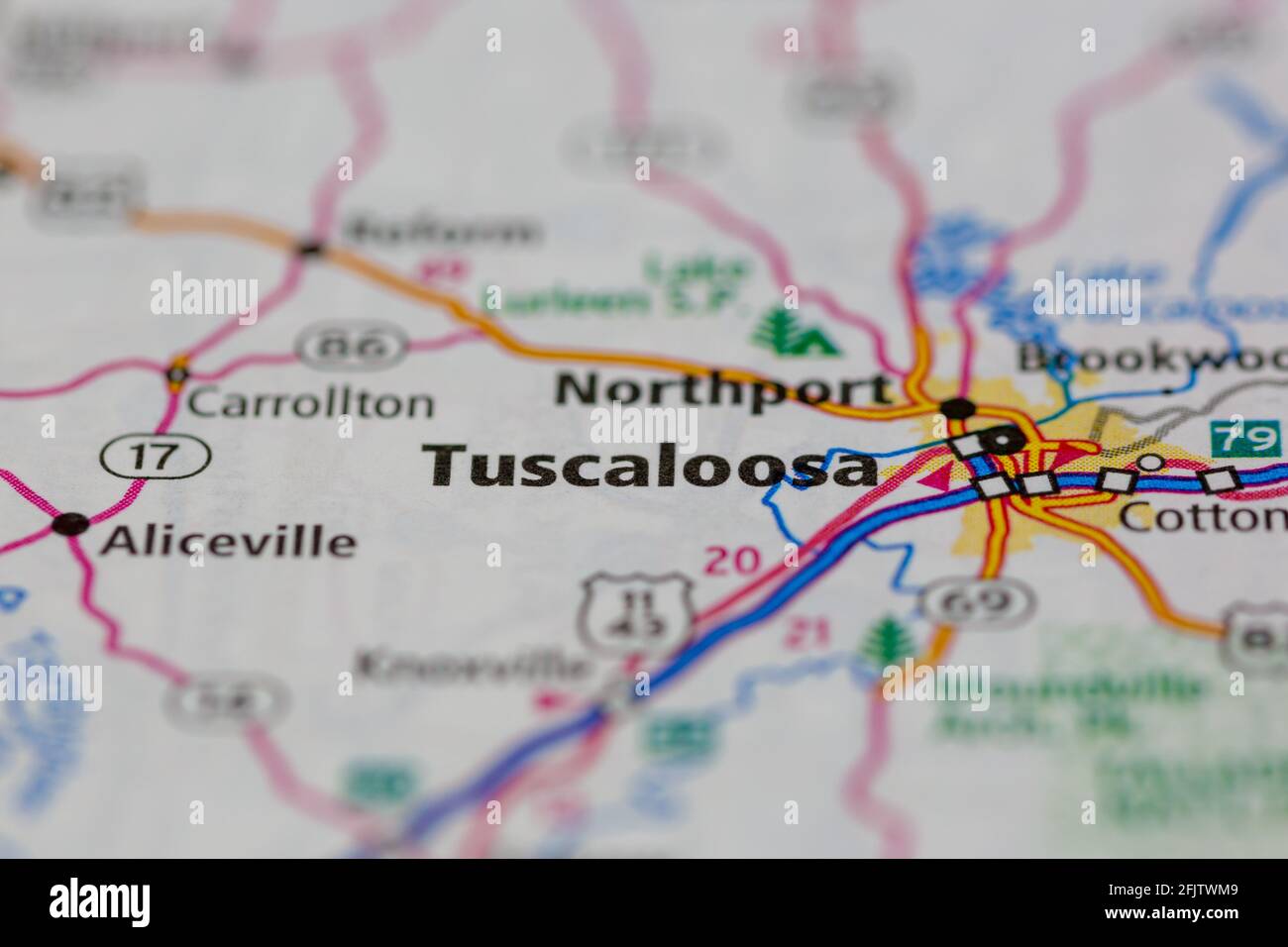 Tuscaloosa Alabama USA montré sur une carte routière ou une géographie carte Banque D'Images