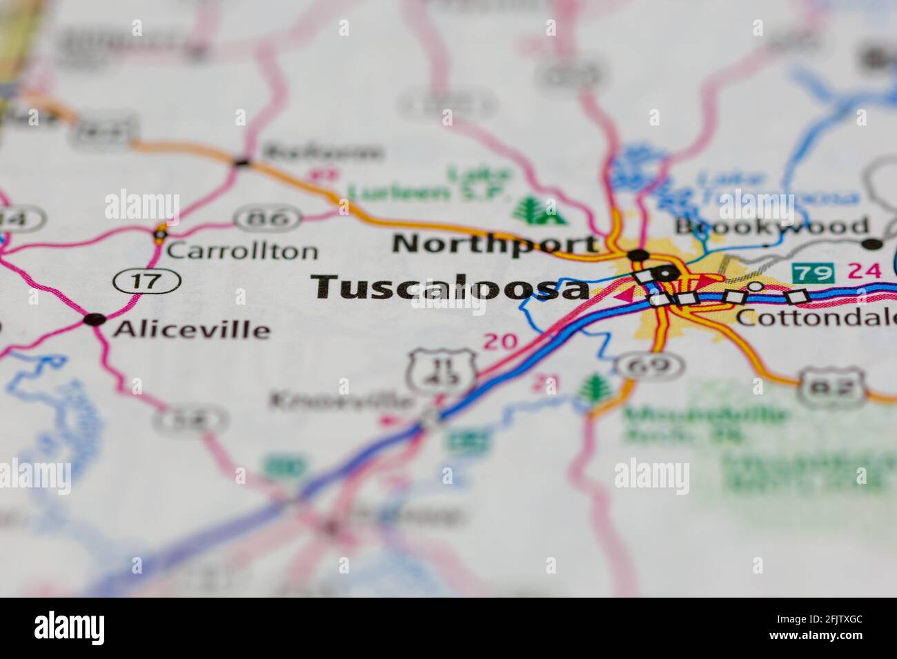 Tuscaloosa Alabama USA montré sur une carte routière ou une géographie carte Banque D'Images