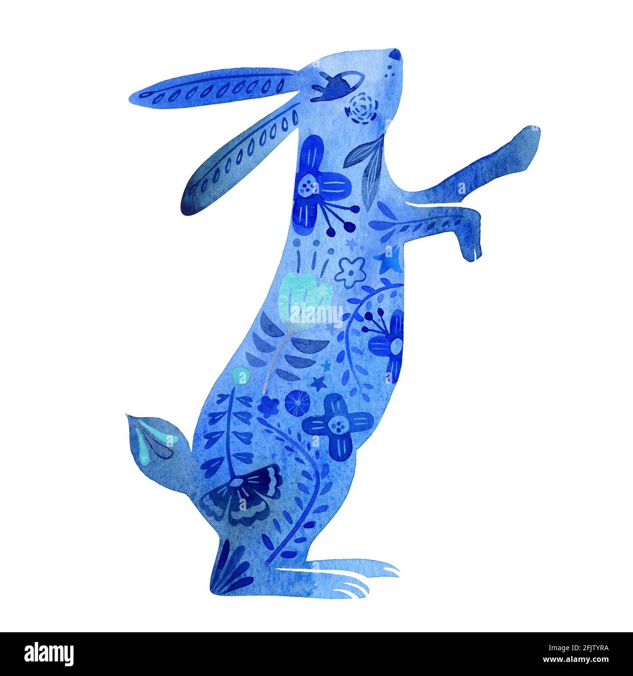 Bleu aquarelle silhouette de lapin décorée de fleurs et de plantes. Carte de Pâques décorée. Lapin bleu. Isolé. Fleurs de Pâques et plantes de style folklorique Banque D'Images