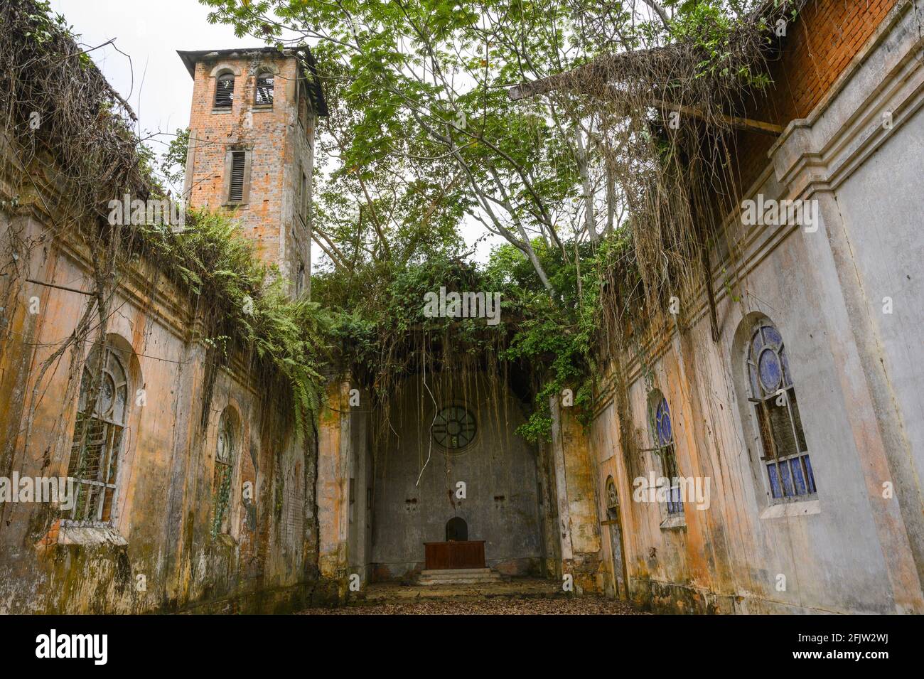 Gabon, quartier Moyen Ogoué, Ndjolé, île de Samory, l'ancienne église catholique Saint-Michel aujourd'hui en ruines Banque D'Images