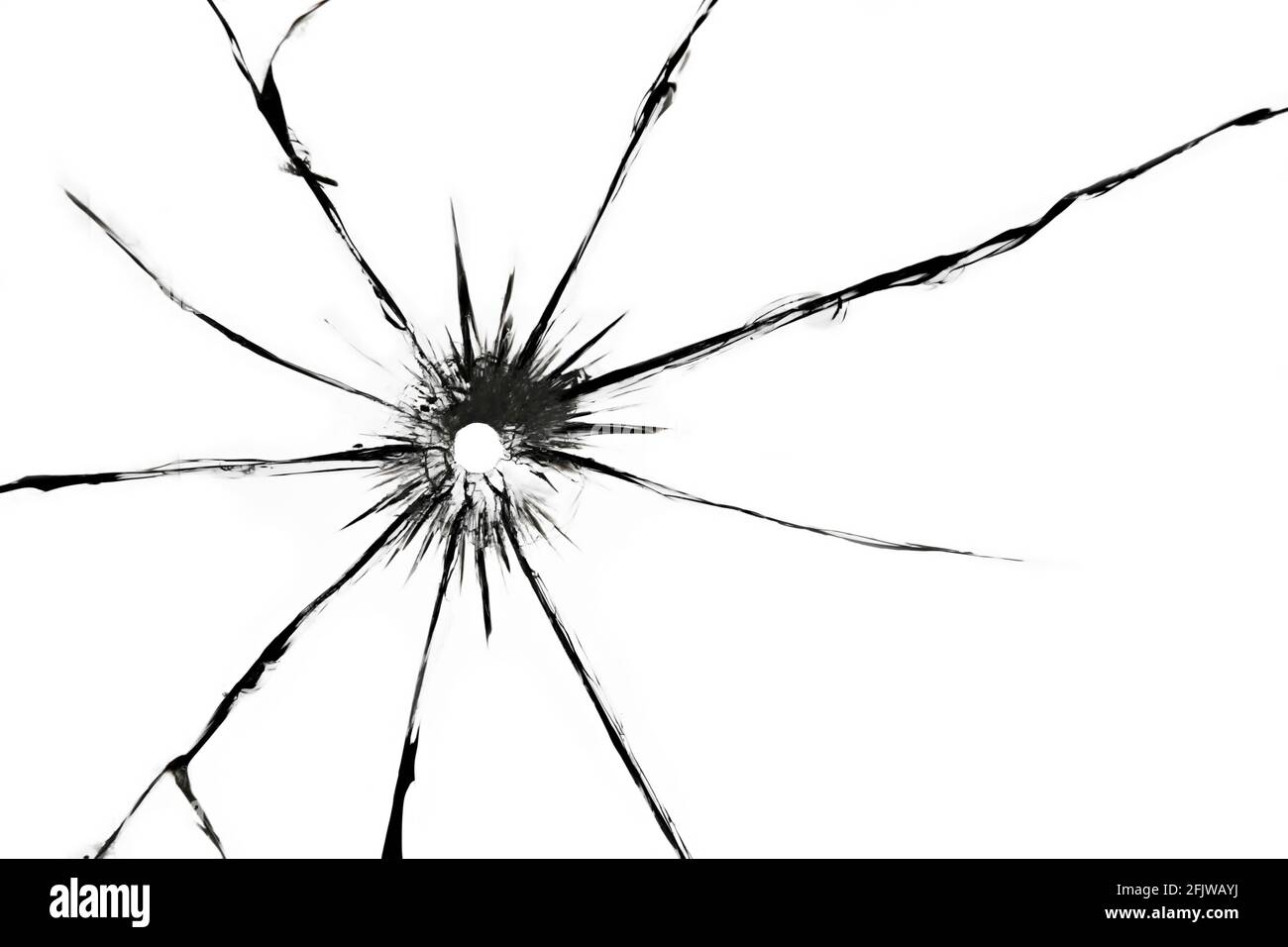 L'effet des fissures sur le verre brisé d'un coup d'arme. Un trou dans le verre de la balle. Banque D'Images