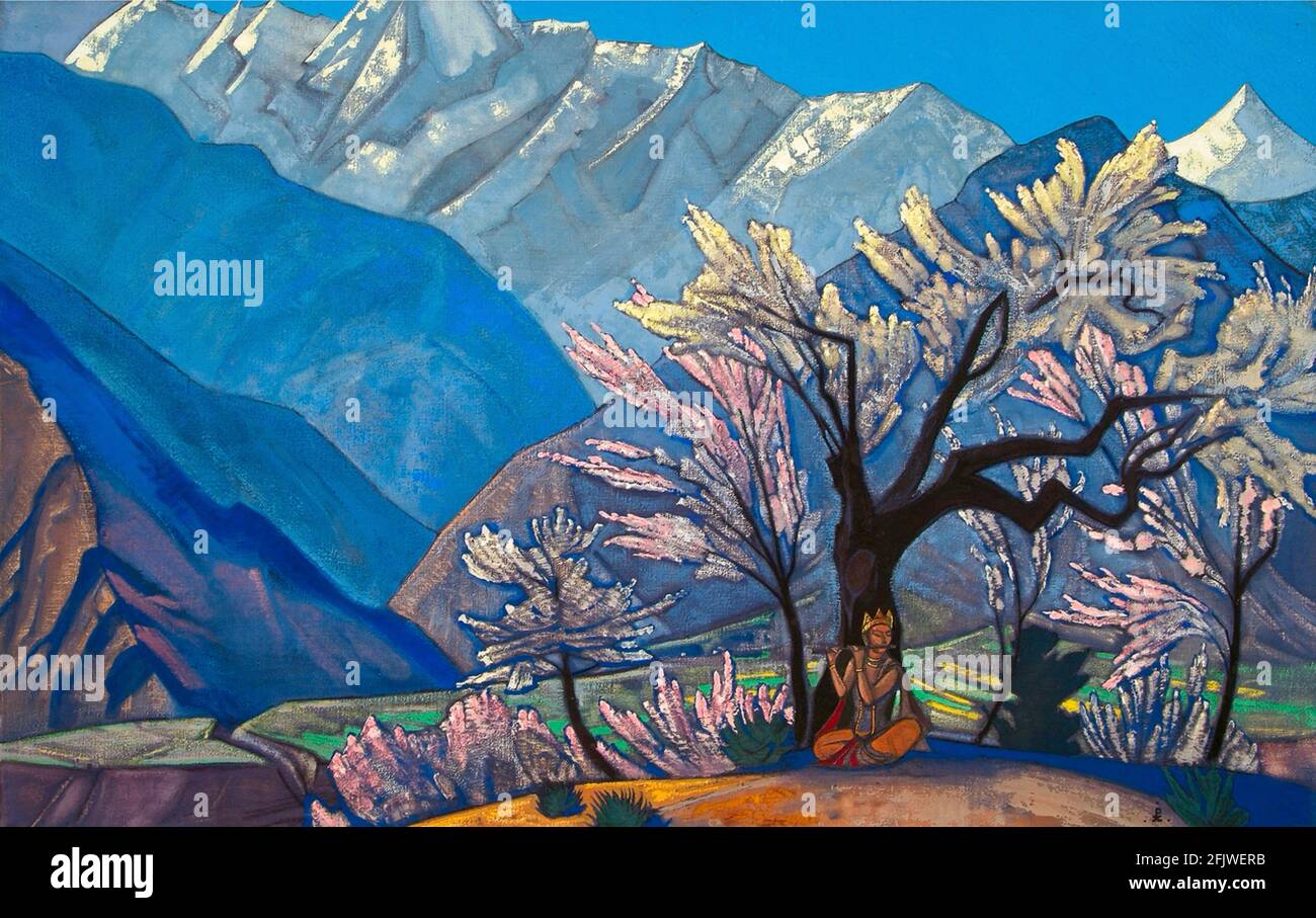 L'œuvre de Nicholas Roerich intitulée Krishna Spring à Kulu. Krishna se trouve sous un arbre jouant sa flûte dans un paysage de montagne. Banque D'Images