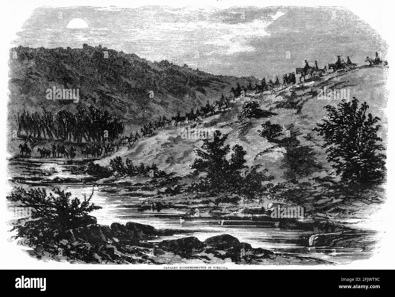 Gravure de cavalerie faisant de la reconnaissance en virginie pendant la guerre civile américaine: Banque D'Images