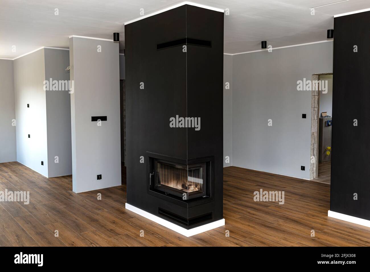 Une cheminée moderne avec une chambre de combustion fermée dans la salle de séjour, peinte en noir, avec une vitre d'angle lavée. Banque D'Images