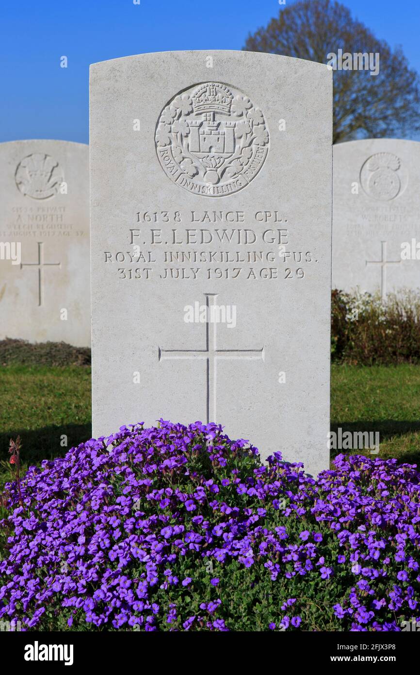 Tombe du poète de guerre irlandais Francis Edward Ledwidge (1887-1917) au cimetière de bois de l'Artillerie à Boezinge (Ypres), Belgique Banque D'Images