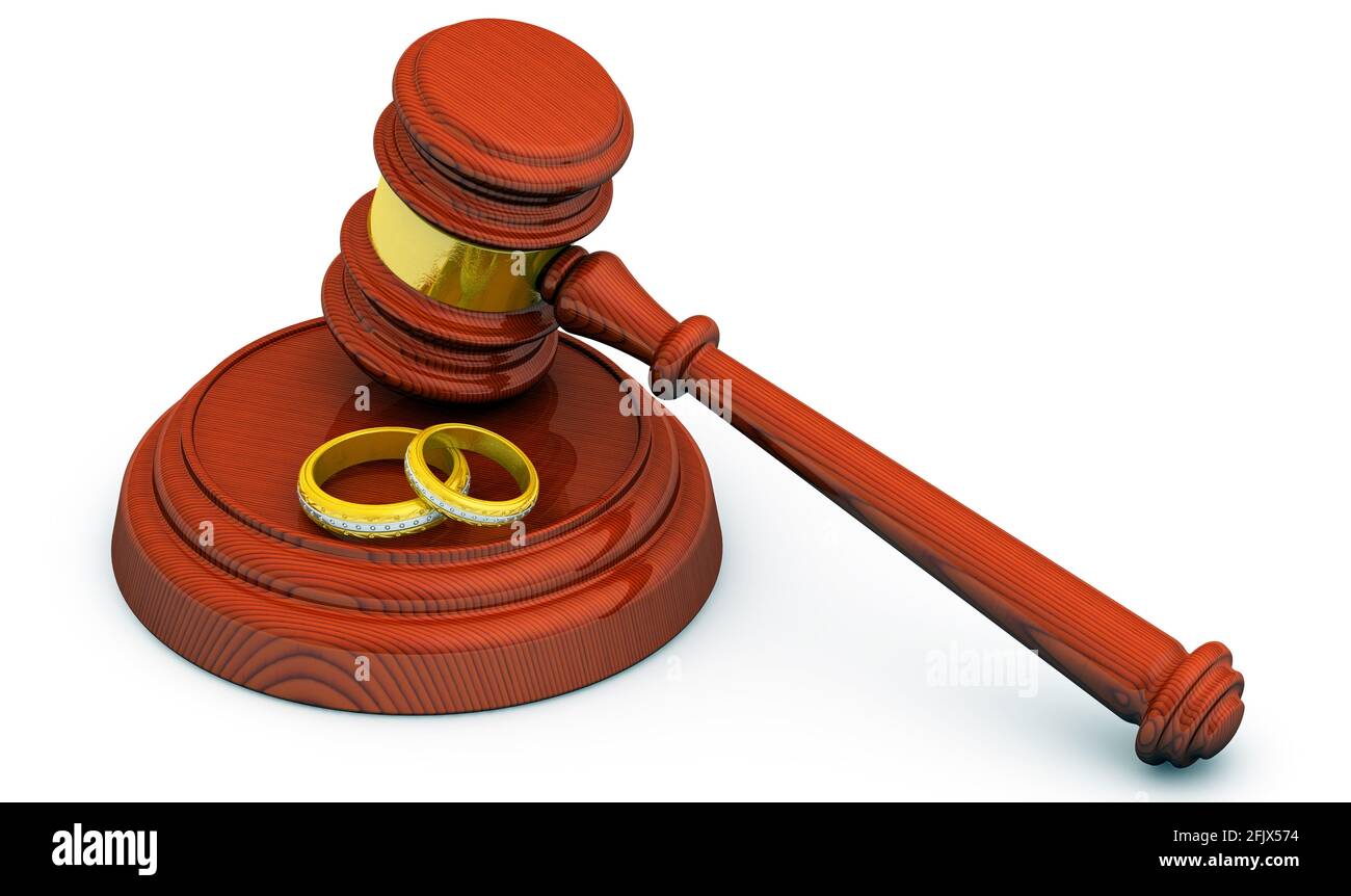 Pratique judiciaire en divorce. Jugez le marteau et les anneaux de mariage dorés sur une surface blanche. Concept de divorce. Illustration 3D Banque D'Images