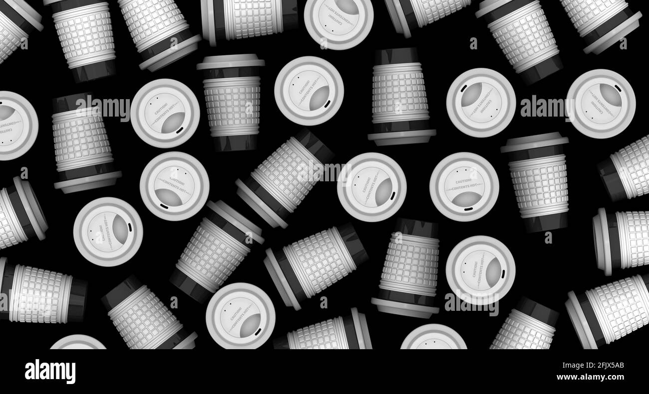 Beaucoup de tasses en carton pour les boissons chaudes. Beaucoup de gobelets jetables en carton noir et blanc pour les boissons chaudes sur la surface noire. Illustration 3D Banque D'Images