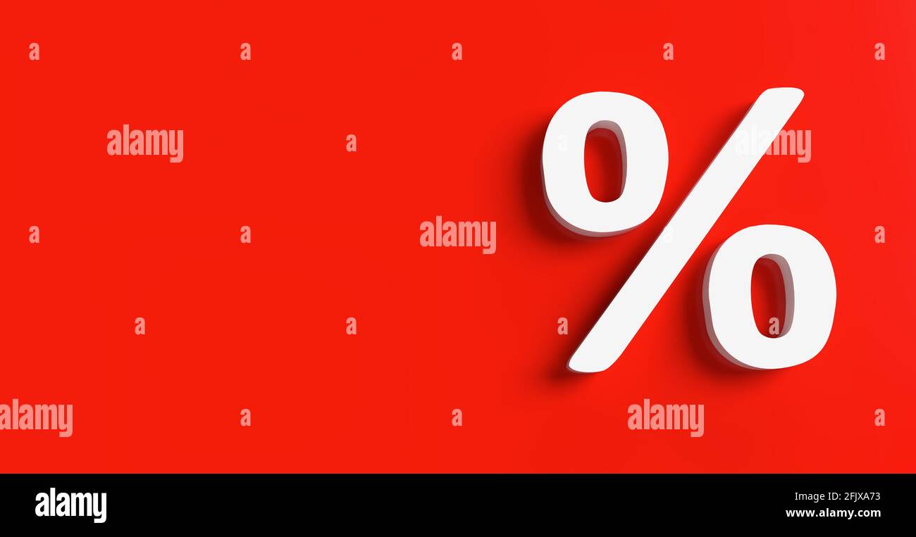 Symbole blanc de pourcentage et de réduction sur le mur rouge à vendre Réduction des prix action rendu 3D Banque D'Images