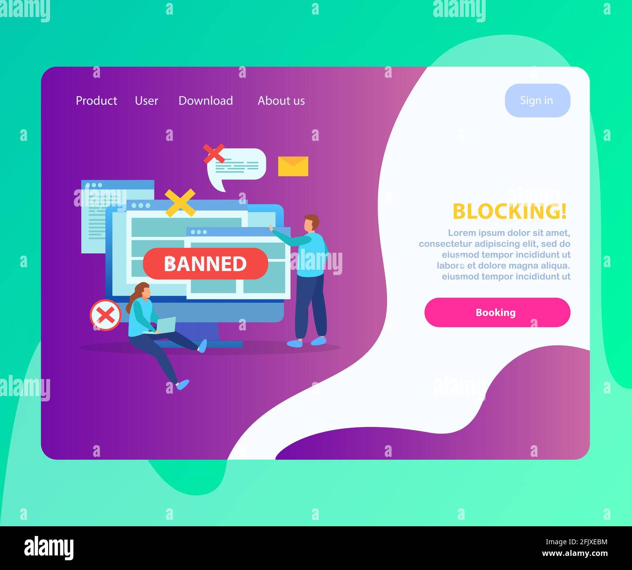 Site Internet bloquant les utilisateurs abusifs adresses ip page de renvoi plate avec messages interdits bulles symboles illustration vectorielle Illustration de Vecteur