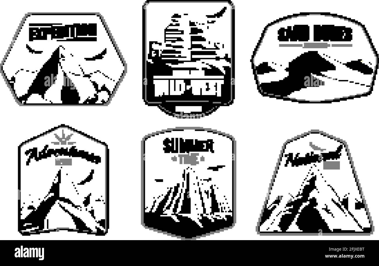 Les rochers de montagnes arborent une collection de plats monochromes avec des formes de cadre isolées texte modifiable et illustration vectorielle des images silhouettes sombres Illustration de Vecteur