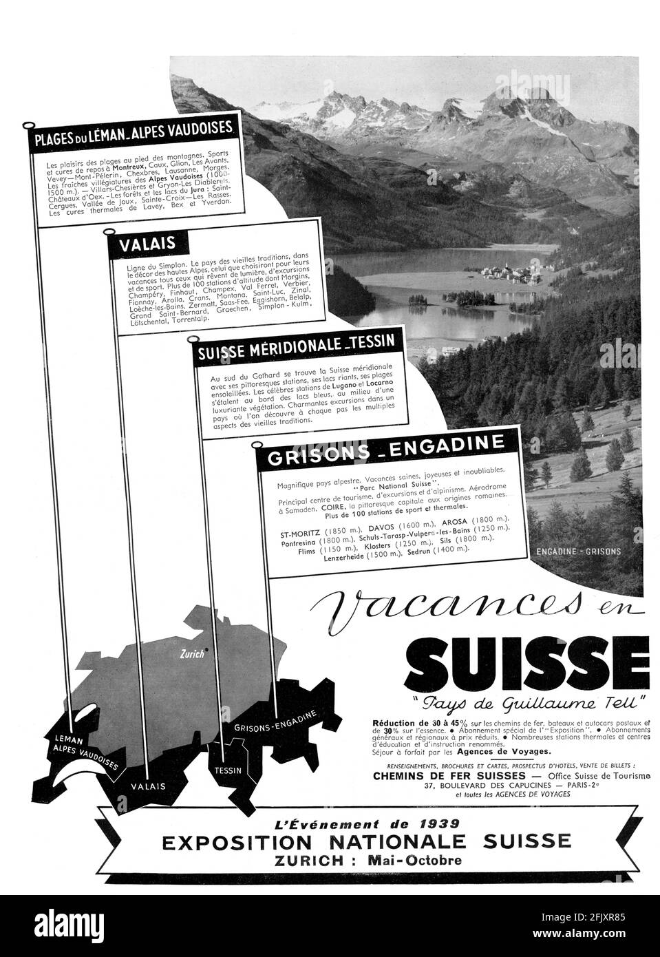 Publicité vintage française « vacances en Suiss » (qualité poster A3+, 600 dpi) Banque D'Images