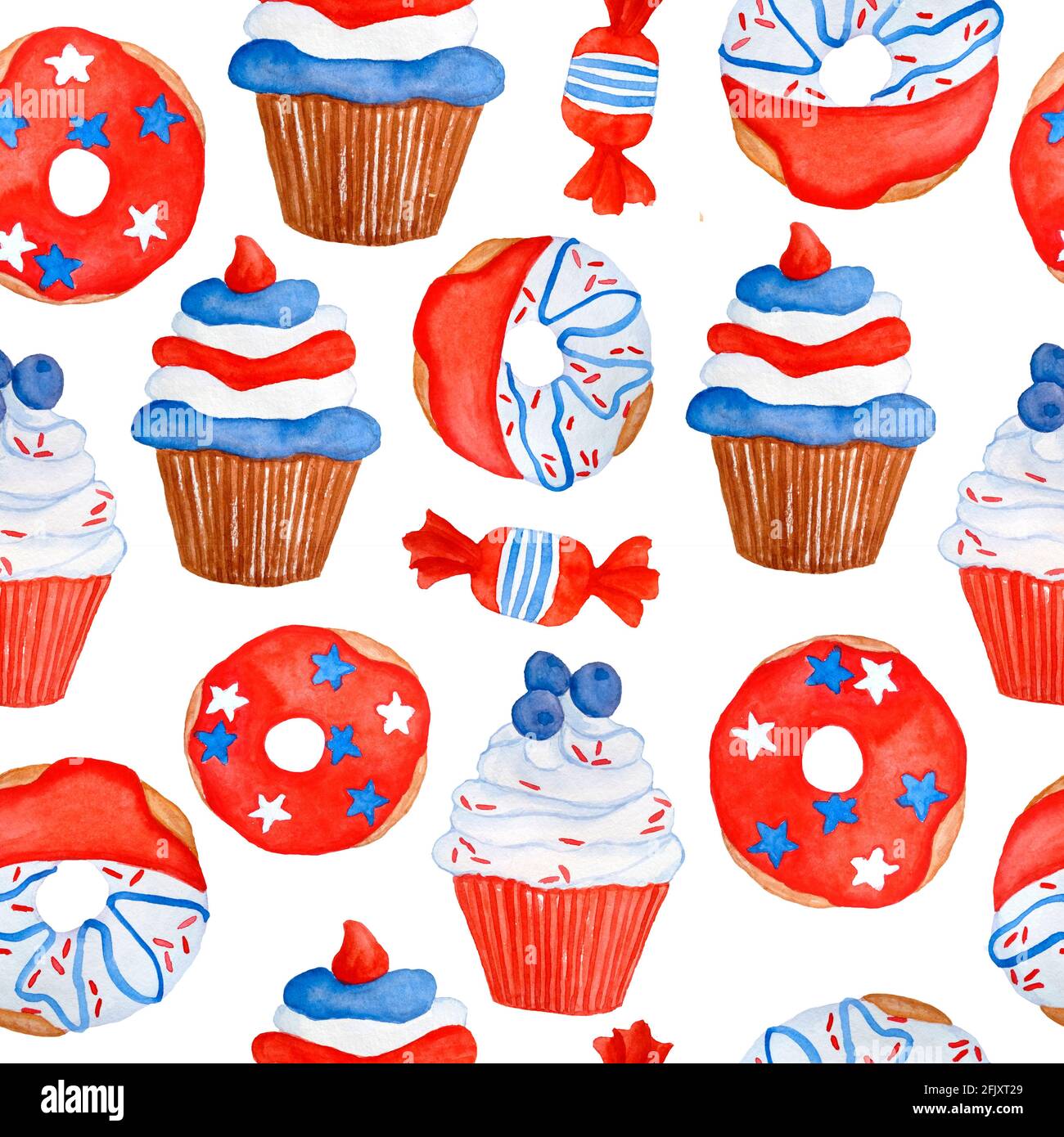 Motif aquarelle dessiné à la main pour la fête patriotique du 4 juillet de l'indépendance. Créez avec des bonbons desserts bonbons papisicles glace crème cupcake beignets. Rouge bleu blanc étoiles drapeau américain Banque D'Images